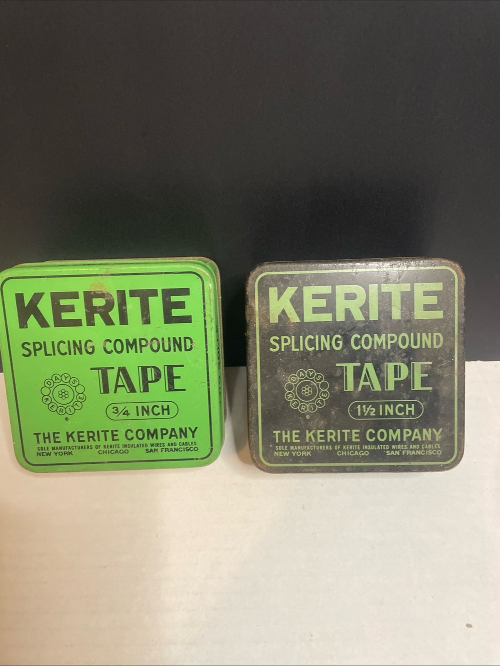 Vintage Advertising Tins Kerite Splicing Compound Tape 3/4 & 1 1/2 INCH Lot Of 2